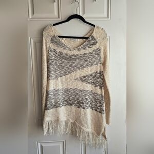 Cato Fringe Hem Knit Boho Sweater- Cream and Gray- Lightweight Pullover XL